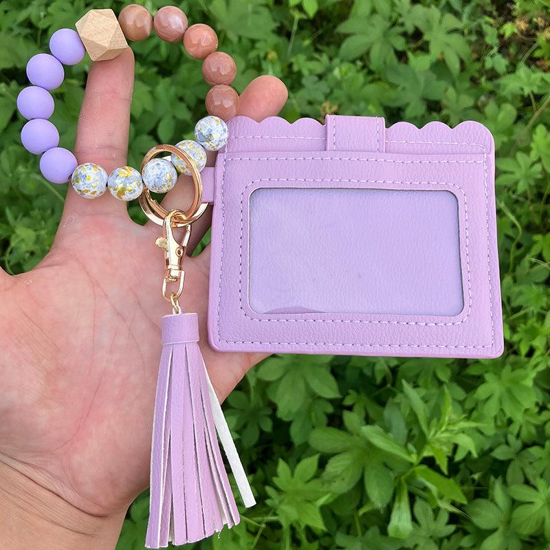 Wholesale Card Holder Pu Tassel Beads Bracelet Wallet Keychain